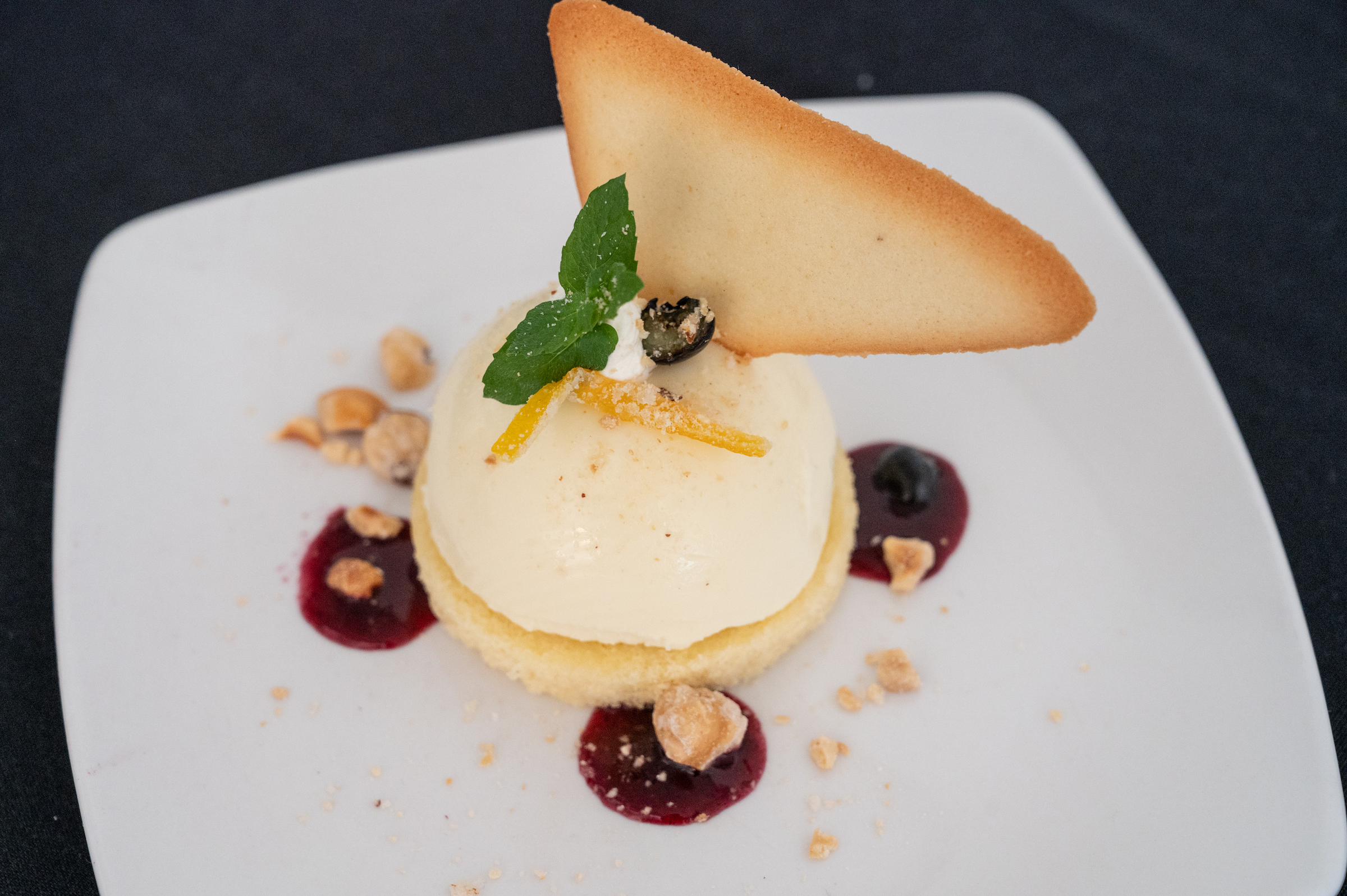 Citrus panna cotta with Myer lemon, blueberry compote and nut crumble